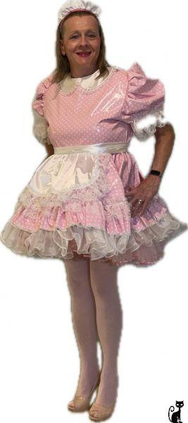 Chrisissy in Pink PolkaDot Latex Sissy Maid Uniform  on kittyads dot com